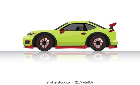 Concept vector illustration of detailed side of a flat green sports car with driving man inside car. with shadow of car on reflected from the ground below. And isolated white background.