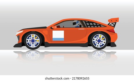 Concept vector illustration of detailed side of a flat orange sports car with driving man inside car. with shadow of car on reflected from the ground below. And isolated white background.