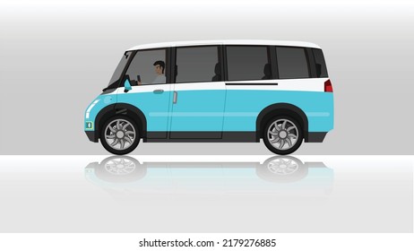 Concept vector illustration of detailed side of a flat two tone solor van car with driving man inside car. with shadow of car on reflected from the ground below. And isolated white background.