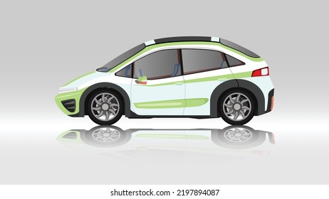Concept vector illustration of detailed side of a flat green eco sports car. with shadow of car on reflected from the ground below. And isolated white background.