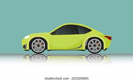 Concept vector illustration of detailed side of a flat green sports car. with shadow of car on reflected from the ground below. And isolated soft green background.