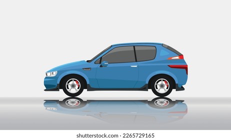 Concept vector illustration of detailed side of a flat electric vehicle car blue color. with shadow of car on reflected from the ground below. And isolated white background.