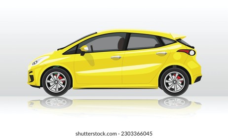 Concept vector illustration of detailed side of a flat yellow Hatchback car. with shadow of car on reflected from the ground below. Isolated white background.