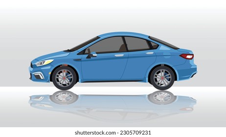 Concept vector illustration of detailed side of a flat blue car. with shadow of car on reflected from the ground below. And isolated white background.