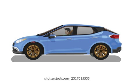 Ilustración conceptual vectorial del lado detallado de un auto azul plano. con sombra de auto. Se puede ver el interior del coche con el conductor. Fondo blanco aislado.