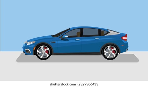Concept vector illustration of detailed side of a flat blue car. with shadow of car on reflected from the ground below. Isolated blue and gray background.