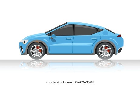 Concept vector illustration of detailed side of a flat blue car. with shadow of car on reflected from the ground below. And isolated white background.