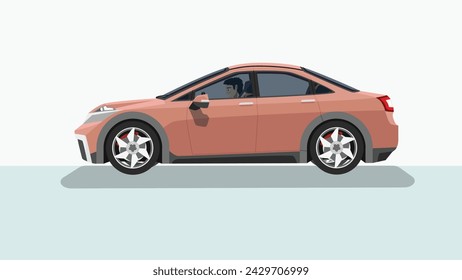 Concept vector illustration of detailed side of a flat soft red sedan car. with shadow of car. can view interior of car with driving man. Isolated two tone background.