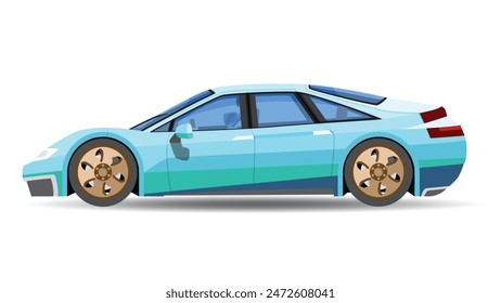 Ilustración vectorial conceptual del lado detallado de un coche sedán azul de mezcla plana con el conductor dentro del coche. con la sombra del coche en reflejado desde el suelo abajo. Y aislado fondo blanco.