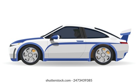 Concepto Ilustración vectorial del lado detallado de un coche deportivo plano con el conductor dentro del coche. Color blanco del coche y azul de la línea. con sombra del coche en fondo blanco aislado.