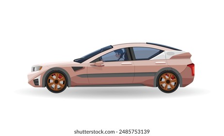 Concept vector illustration of detailed side of a flat cream color sedan car with driving man inside car. with shadow of car on reflected from the ground below. And isolated white background.