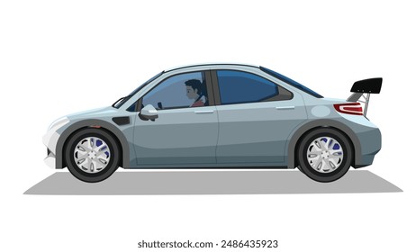 Concepto Ilustración vectorial del lado detallado de un coche deportivo plano con el conductor dentro del coche. con sombra del coche sobre fondo blanco aislado.