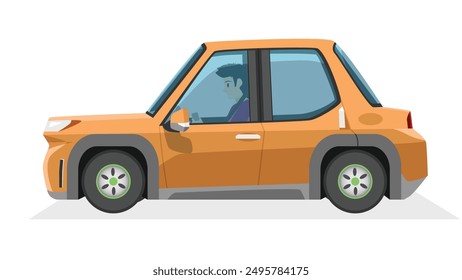 Concept vector illustration of detailed side of a flat sedan car with driving man inside car. Cartoon car orange color. with shadow of car on isolated white background.
