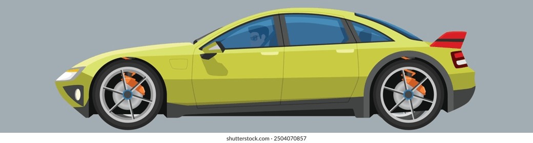 Concept vector illustration of detailed side of sport sedan car yellow color with driving man. Can see interior of car from transparent glass. on isolated grey background.