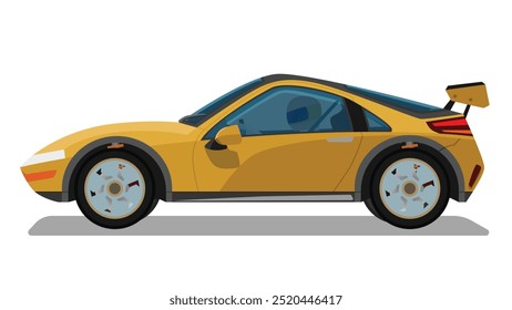 Ilustración vectorial del concepto del lado detallado de un coche deportivo amarillo plano con el hombre que conduce dentro del coche. con la sombra del coche en reflejado del fondo blanco aislado.