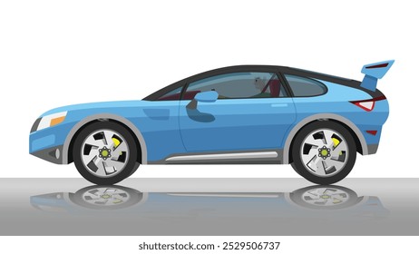 Ilustração vetorial do conceito do lado detalhado de um carro desportivo plano macio azul. com sombra do carro refletido do chão abaixo. pode ver interior do carro com homem dirigindo. Fundo branco isolado.