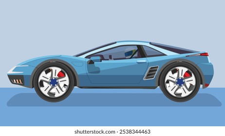 Ilustração vetorial do conceito do lado detalhado de um carro de esporte macio e azul plano. com sombra do carro refletida do chão abaixo. pode ver o interior do carro com Racing Driver.