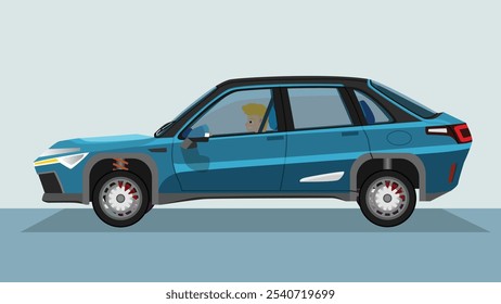 Concept vector illustration of detailed side of a flat soft blue sedan car. with shadow of car on reflected from the ground below. can view interior of car with driver man.