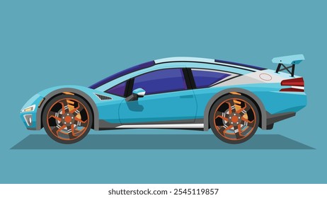 Ilustração vetorial do conceito do lado detalhado de um carro esporte macio azul plano. com sombra do carro refletido do chão abaixo. pode ver o interior do carro. Cor roxa de vidro. Fundo azul.