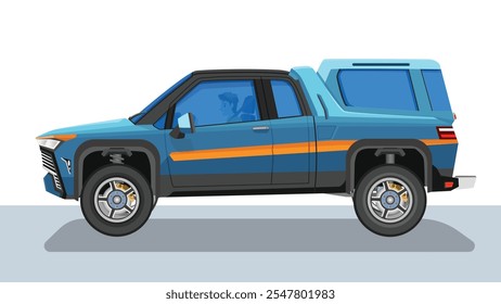 Concept vector illustration of detailed side of a flat soft blue pickup car. with shadow of car on reflected from the ground below. can view interior of car with driver man.