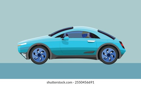 Concept vector illustration of detailed side of a flat soft blue sport car. with shadow of car on reflected from the ground below. can view interior of car with racing Driver. Blue background.