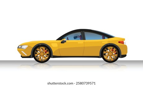 Concept vector illustration of detailed side of a flat yellow sport car. with shadow of car on reflected from the ground below. can view interior of car with driving man. Isolated white background.