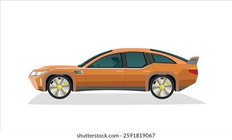 Concept vector illustration of detailed side of a flat orange sedan car. with shadow of car on reflected from the ground below. can view interior of car with driver man.