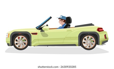 Concept vector illustration of detailed side of a flat green Convertible or Sport Roads with driving man inside car. with shadow of car on reflected from the ground below.