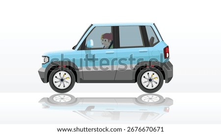 Concept vector illustration of detailed side of a flat family car blue color. Can view interior of car with driver and couple. With reflection of a car on the ground.