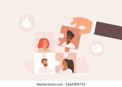Ilustração vetorial de conceito de uma equipe diversa se unindo. Uma mão coloca uma peça de quebra-cabeça com um retrato de pessoa em um quebra-cabeça maior de indivíduos diversos simboliza colaboração e trabalho em equipe.