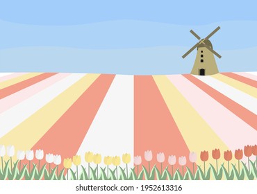 Ilustración vectorial conceptual con campos de tulipán holandeses y un molino.