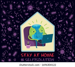 Concept Vector illustration of the Earth character that remains at home under protection. Protection against of infection, disease and coronavirus. Stay at home, work from home. Coronavirus prevention