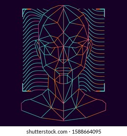 Concept vector illustration of Facial Recognition system, Virtual reality and Artificial Intelligence. Low polygon holographic mesh of human face on dark background.