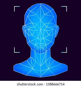 Concept vector illustration of Facial Recognition system, Virtual reality and Artificial Intelligence. Low polygon blue mesh of human face on dark background.