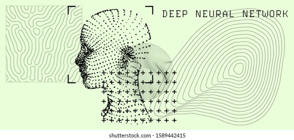 Concept vector illustration of Facial Recognition system, Virtual reality and Artificial Intelligence. Wireframe structure of human face made of particles or dots.