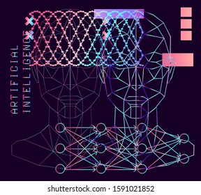 Concept vector illustration of Facial Recognition system, Virtual reality and Artificial Intelligence. Low polygon holographic mesh of human face on dark background.