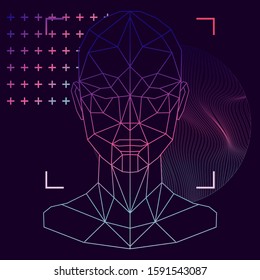 Concept Vector Illustration Of Facial Recognition System, Virtual Reality And Artificial Intelligence. Low Polygon Holographic Mesh Of Human Face.