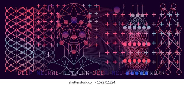 Concept vector illustration of Facial Recognition system, Virtual reality and Artificial Intelligence. Low polygon holographic mesh of human face, neural net scheme and dna helix .