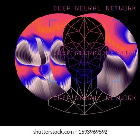 Concept vector illustration of Facial Recognition system, Virtual reality and Artificial Intelligence. Low polygon holographic mesh of human face.