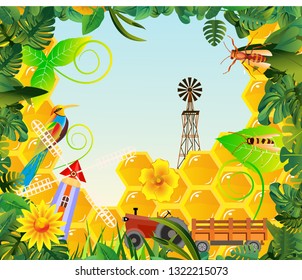 Concept vector illustration of farmland, countryside rural farmland elements