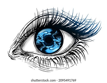 Concept vector illustration of female eye with double circular blue skulls iris.