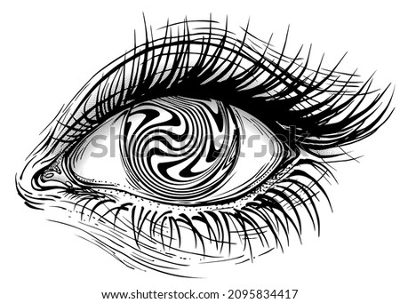 Concept vector illustration of female eye with black and white liquid striped swirls hypnotic iris.