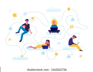 Concept vector illustration of flat people sitting on clouds with laptops, smartphones, leaving online reviews, giving feedback, rating. Thumb up, stars icons, hashtag, infographics. Social media.
