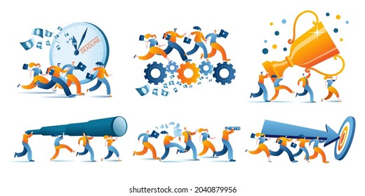 The concept of a vector illustration in a flat style on the theme of teamwork and joint solutions. A set of vector illustrations with characters.