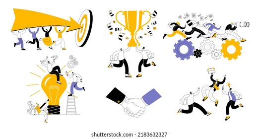 The concept of a vector illustration in a flat style on the theme of teamwork and joint solutions. A set of vector illustrations with characters.