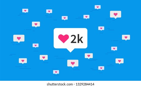 Concept vector illustration of flying hearts symbols on speech bubbles. Flat design for social media networking and image posting on modern blue background