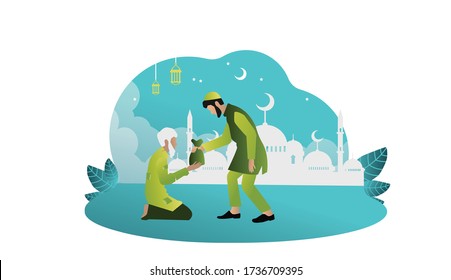 concept vector illustration  of giving zakat to the other muslim. zakat for poor people. flat cartoon design