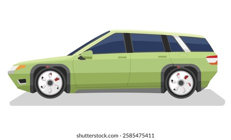 Concept vector illustration of green family car. with shadow of car on reflected from the ground below. Isolated white background.