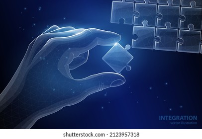 
Concept vector illustration of a hand holding a segment of a puzzle game and stacking it with the rest, a symbol of movement towards a goal, integration, cooperation, unification.