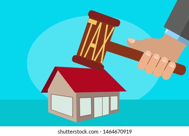 Concept vector illustration of hand with word Tax on hammer breaking residential home to make payment 